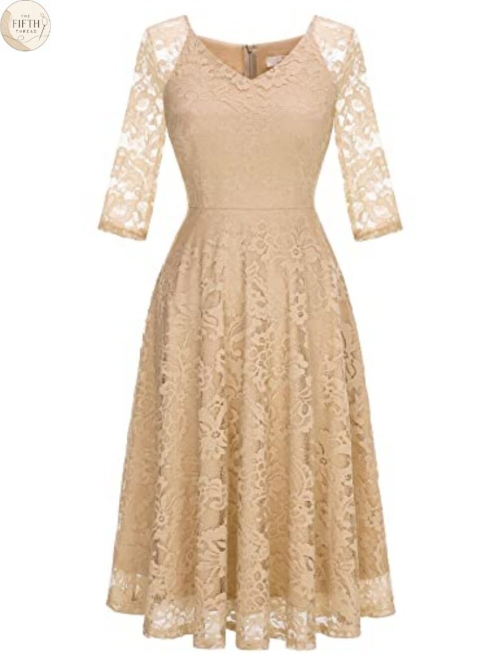 Lace A Line Tea Length Formal Wedding Guest Dress 3/4 Sleeve